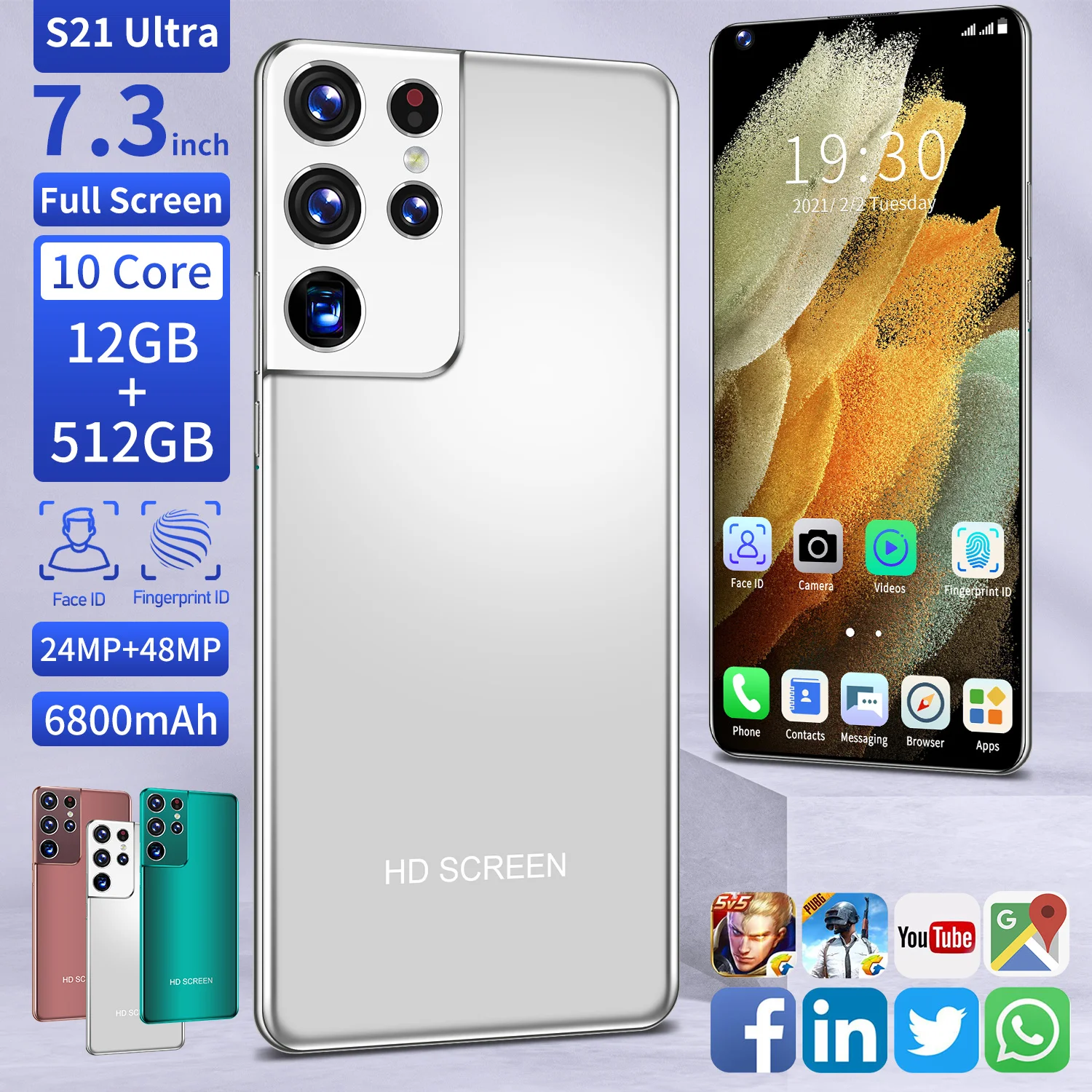 

Global Version S21 Ultra 7.3Inch Smartphone 6800mah Android 10 Dual SIM 4G 5G 24+ 48MP HD Camera Face Wake 12GB+ 512GB CellPhone