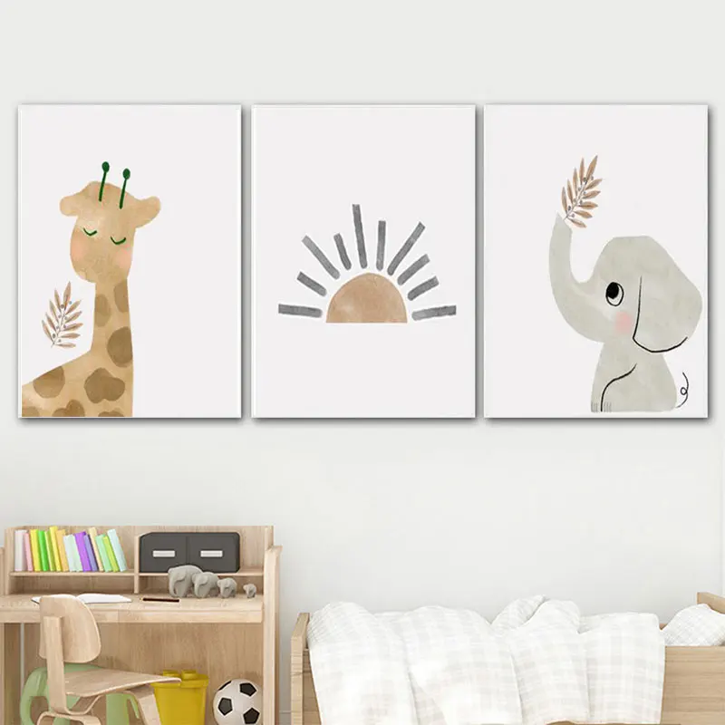 

Cartoon Animal Sun Posters and Prints Giraffe Elephant Canvas Prints for Children's Room Decoration Painting Pictures for Kids