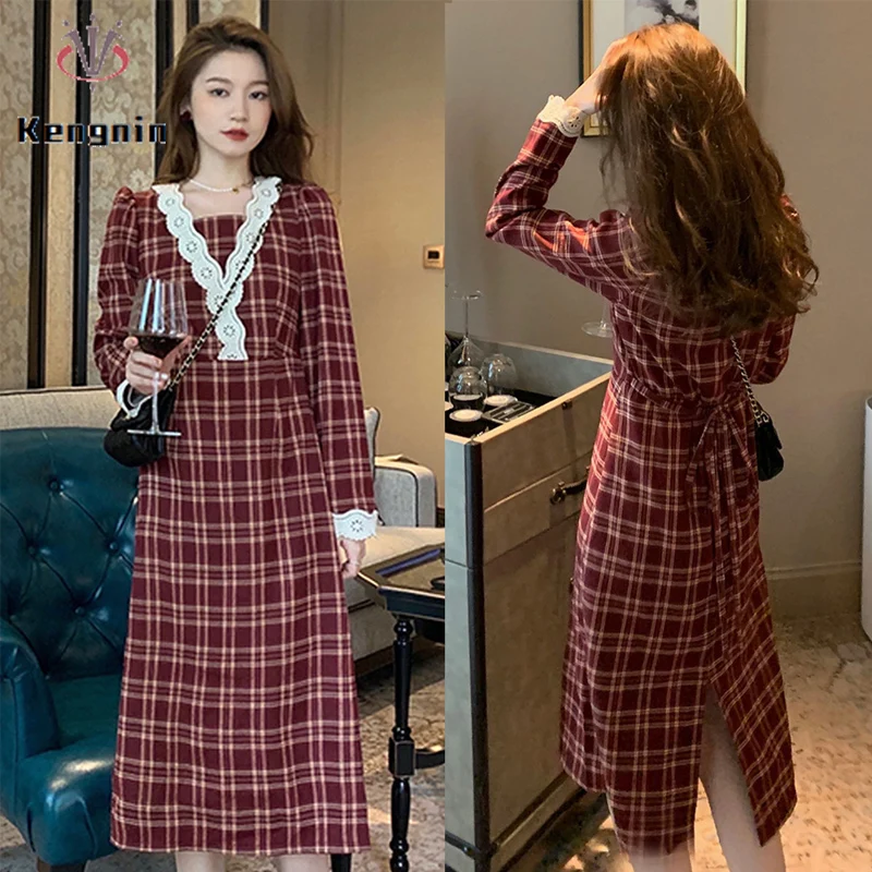 

Женское платье с V-образным вырезом, красное клетчатое кружевное платье большого размера с поясом, модель KE872 на осень, 2021