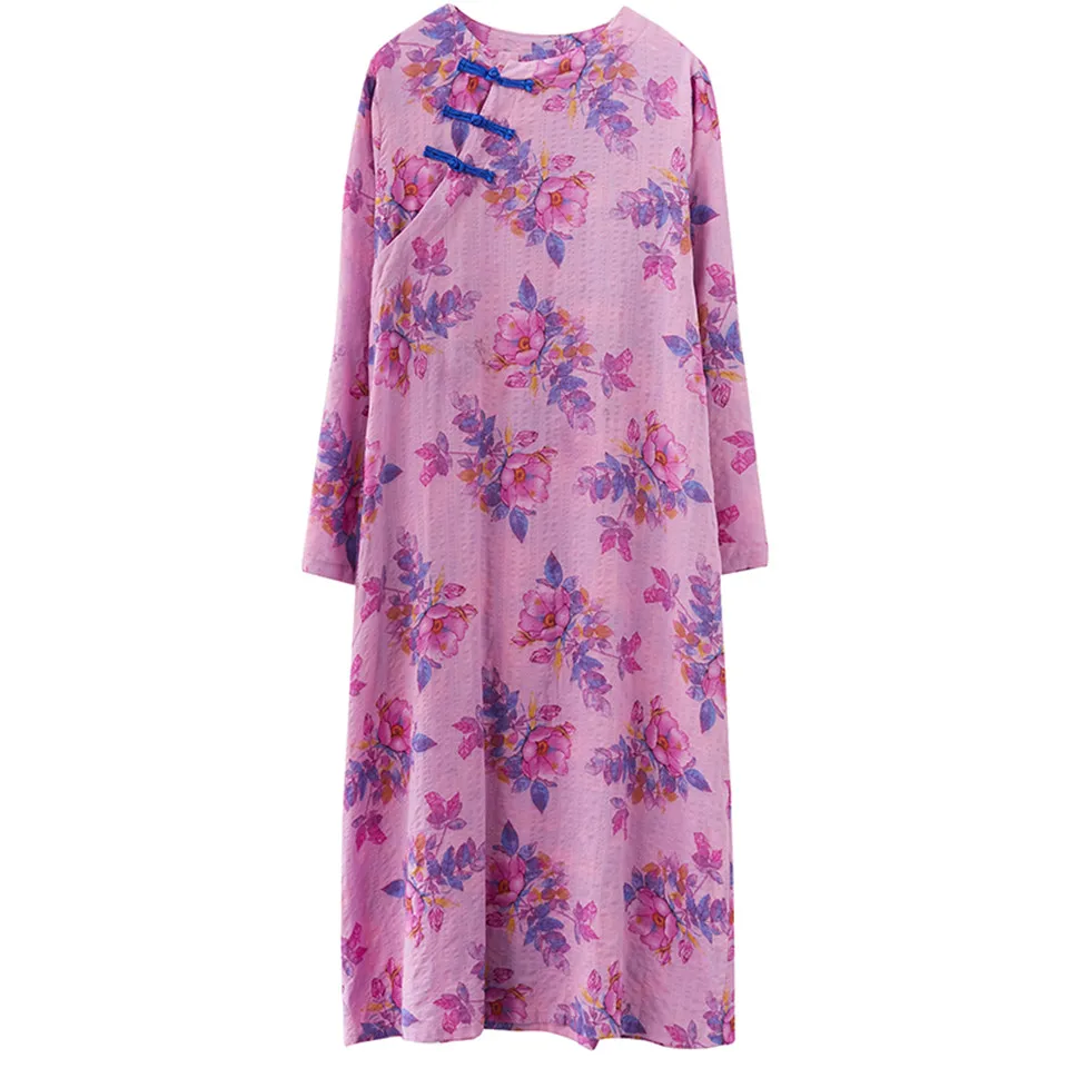 

Casual Spring Floral Printed Cotton and Linen Dress Women Chinese style Elegant Loose Dress Retro Holiday Party Dress Female