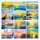 5D алмазная живопись, морской закат, светящийся пейзаж, Масляные картины с Стразы, полноразмернаякруглая Алмазная вышивка, домашний декор