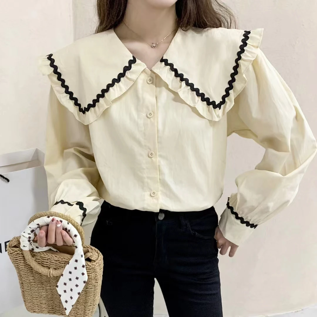 

Рубашка COIGARSAM, женские топы, Осенние Новые однотонные свободные женские рубашки во французском стиле с оборками и длинным рукавом