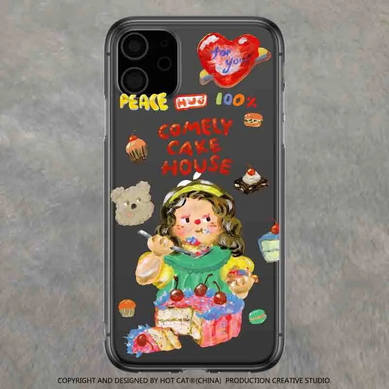 

Cute Cartoon Oil Painting Transparent Phone Case For 6 7 8 Plus X XR XS 11 Max Pro Silicone Full Cover