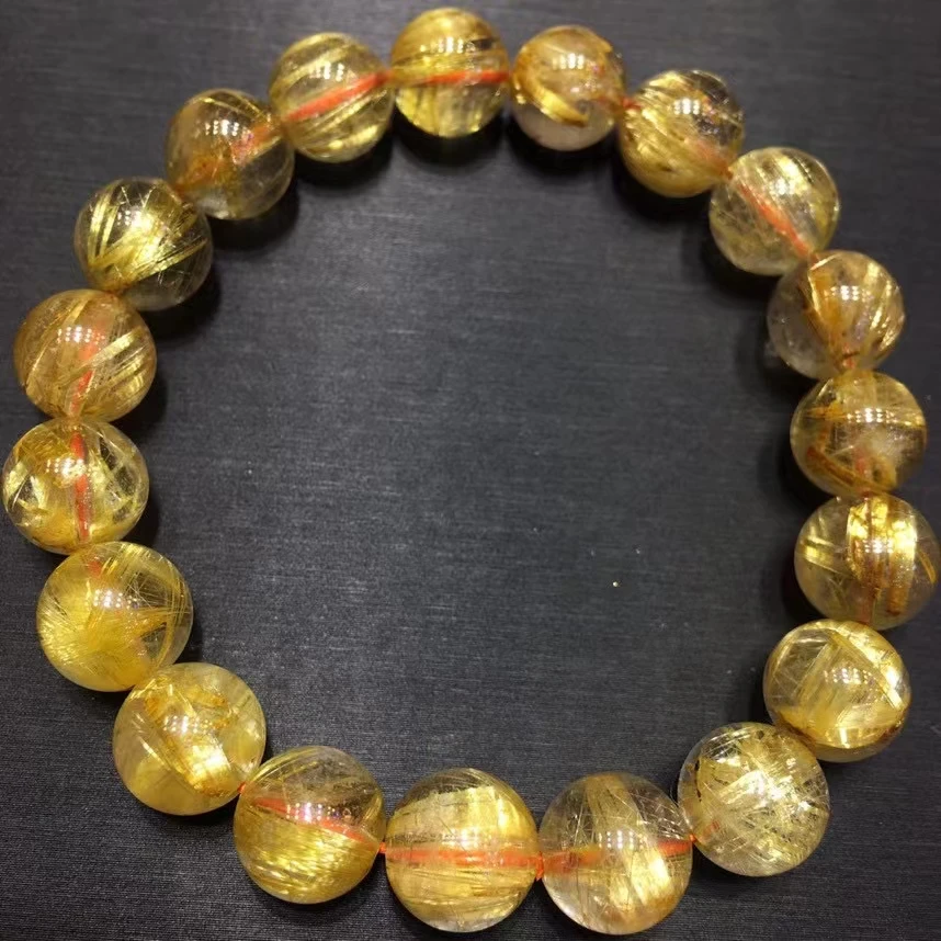 

Браслет из натурального золота с рутилированными кварцевыми кристаллами для женщин и мужчин, 10,5 мм, прозрачные круглые бусины, ювелирные из...