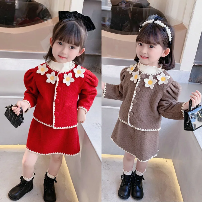 2021 Girls Baby Fashion Clothing Set Sweet Flowers Autumn Birthday Clothes Sets Jacket+skirts elegant Kids Children Outfits | Детская