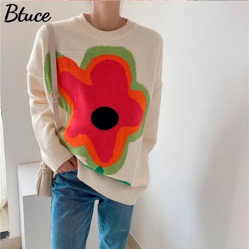 

2021 Autumn Winter Y2K Vintage Sweaters Women O Neck Long Sleeve Hit Color Big Flower Print Loose Knit Sweater Female Pullovers