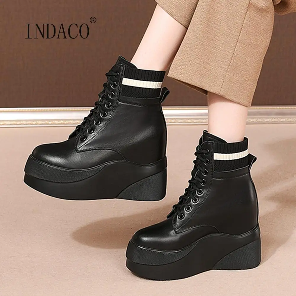 

Зимняя обувь, женские ботинки, ботинки на толстой платформе со шнуровкой, кожаные ботильоны для женщин, белая женская обувь на танкетке