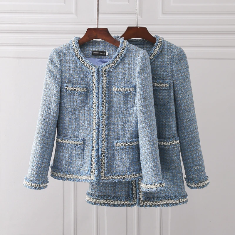 

tweed small sweet New little wind nail bead short coat blue elegant style dress of the fog can customized big size