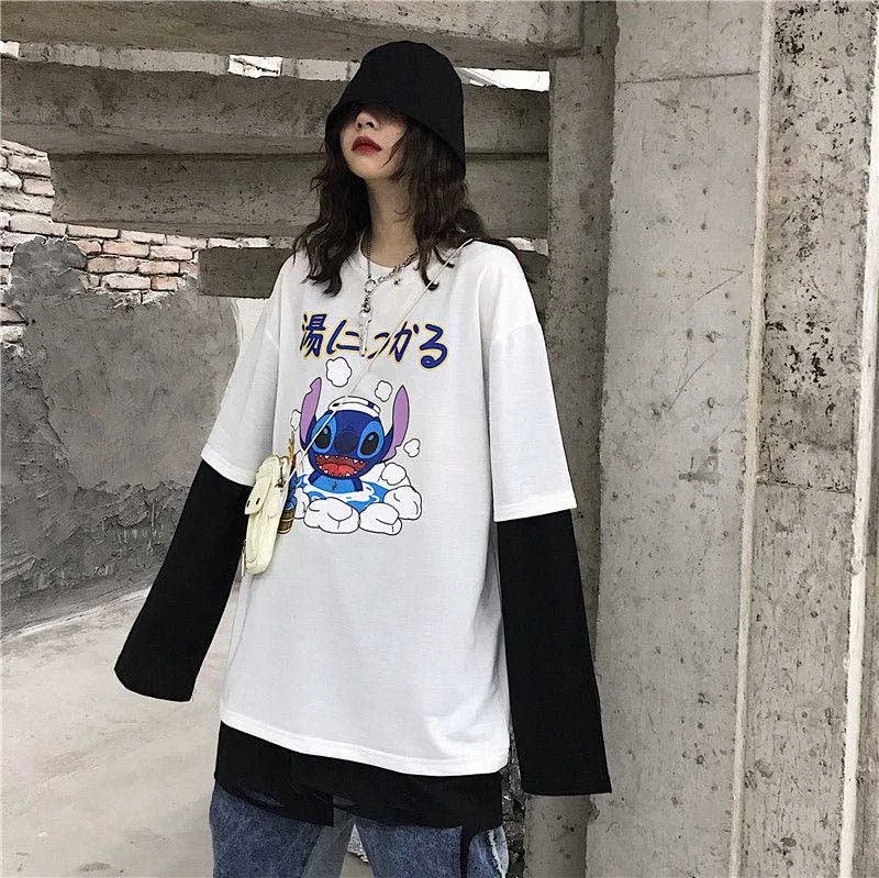 NiceMix Женская Harajuku Винтажная футболка с длинным рукавом Ulzzang лоскутное письмо комический принт свободный Круглый Вырез Эластичный весенний зимний топ F