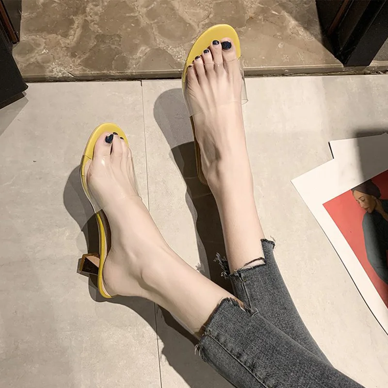 

Women High Heels Slippers Summer Casual Shoes Woman PU Fashion Transparent Crystal Ladies Sandals Slip On Female Slides 2020