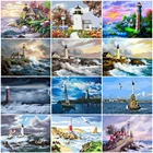 Картина по номерам HUACAN, маяк, пейзаж, Настенная картина по номерам, морской рисунок, холст, акриловая, ручная роспись, домашний декор