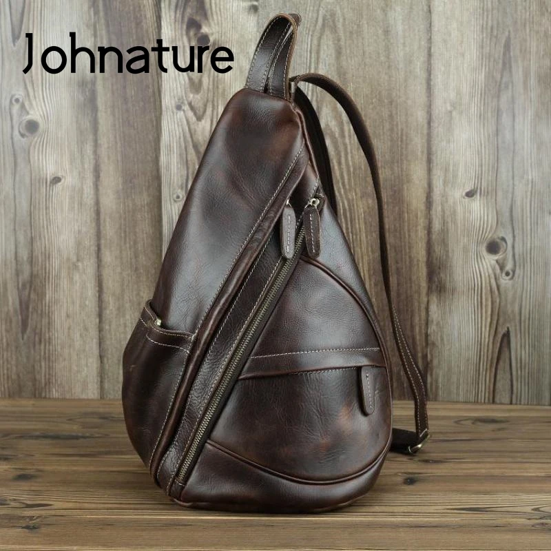 Johnature Multifunctional Genuine Leather Men Backpack 2022 New Retro Crazy Horse Cowhide Chest Bag Large Capacity Shoulder Bags