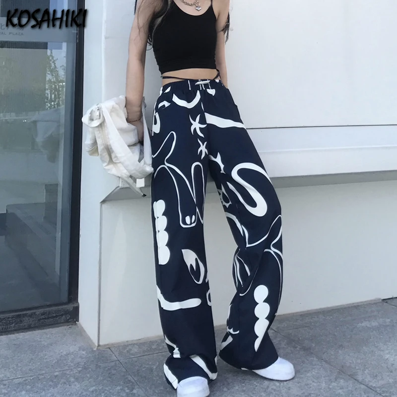 

Женские прямые брюки в стиле Харадзюку, с принтом граффити