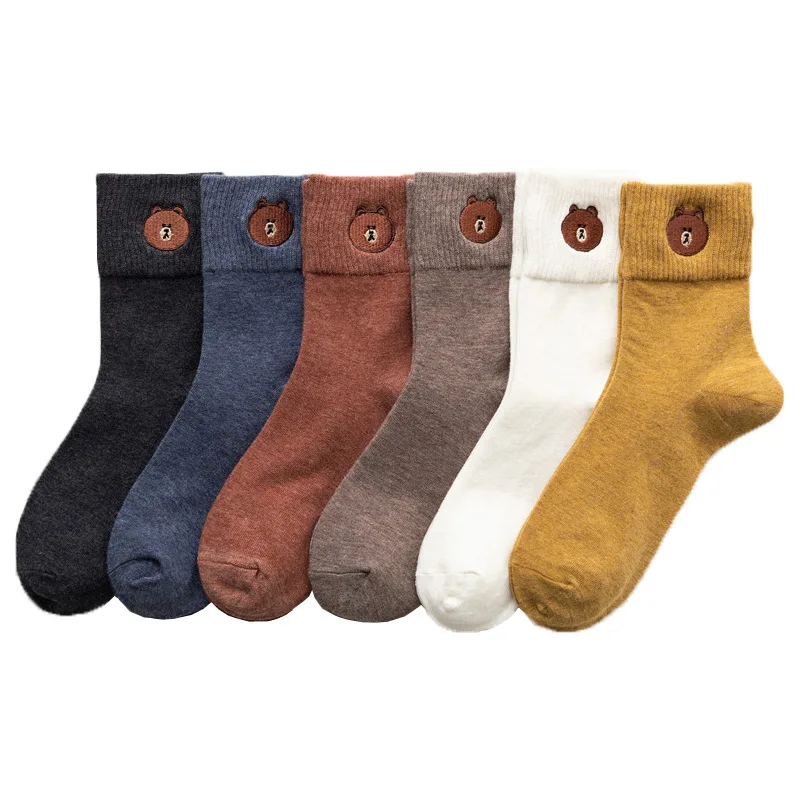

Socks Women Harajuku cartoon bear embroidery cotton tube casual thick ladies socks ladies funny Socks Wholesale Hip Hop