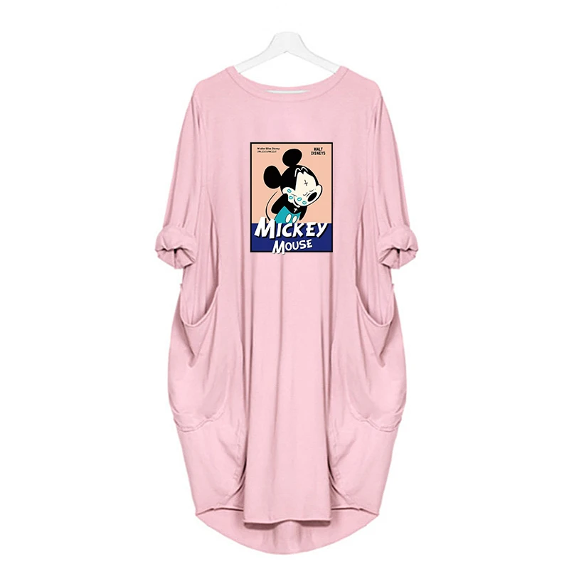 

Midi Dresses for Women Vestidos Mickey Cartoon Print Party Loose Long Sleeve Oversize Dress Vintage Casual Pockets Robes Femme