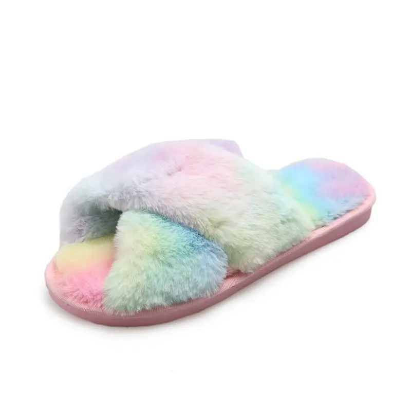 

Women Fluffy Winter Sandal Cross Plush Open Toe Sandal Soft Flat Shoes Warm Faux Fur Slipper Home Female Shoes