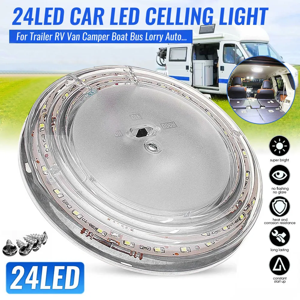 

12v RV Car Round Ceiling Dome Roof Light Ultra Thin 24 LED Spot Light for Camper Caravan Motorhome Boat Bus Lorry Trailer Lamps