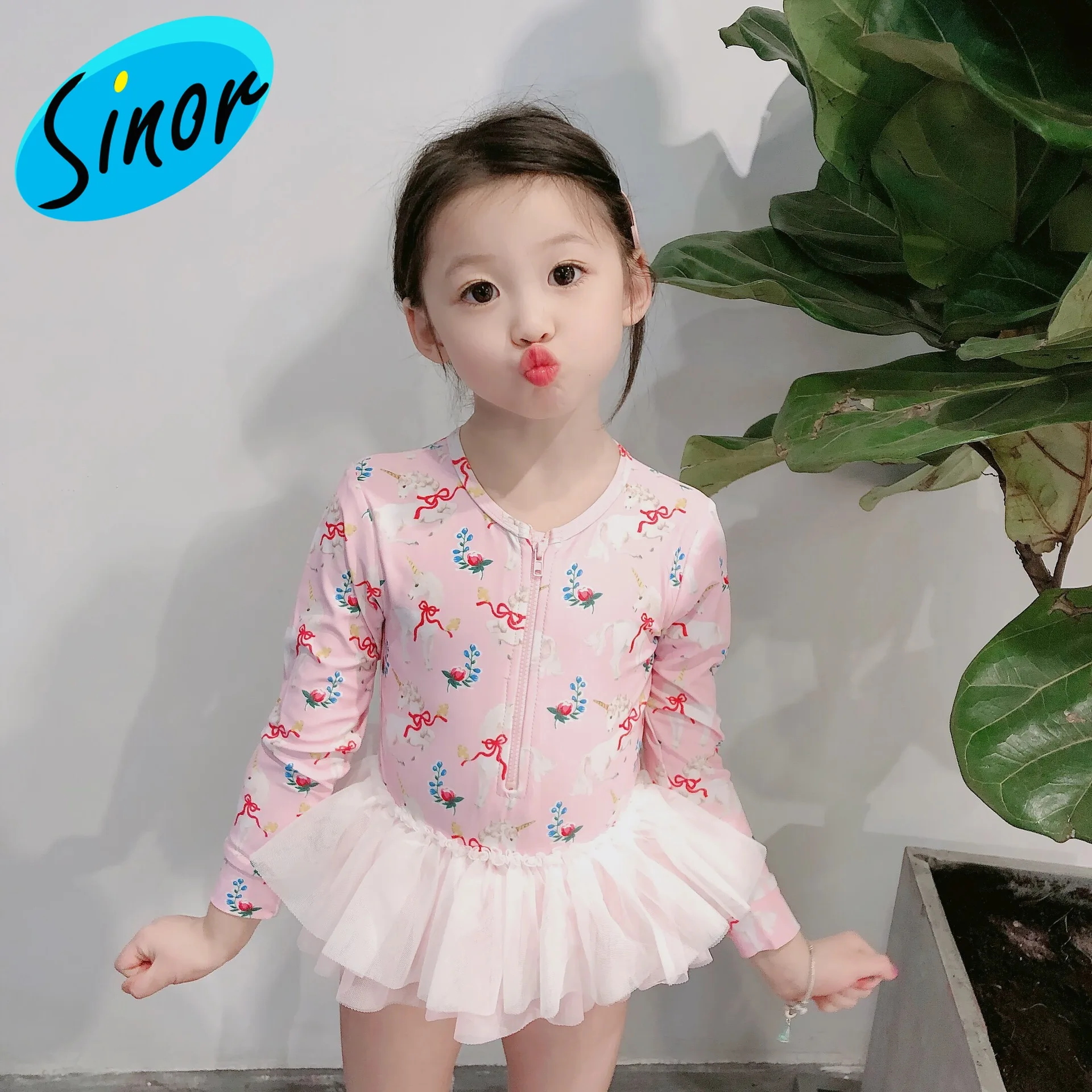 New Style Kid's Swimwear Female Unicorn Cat Long Sleeve One-Piece Dress Sunscreen Swimsuit One Product Dropshipping | Спорт и