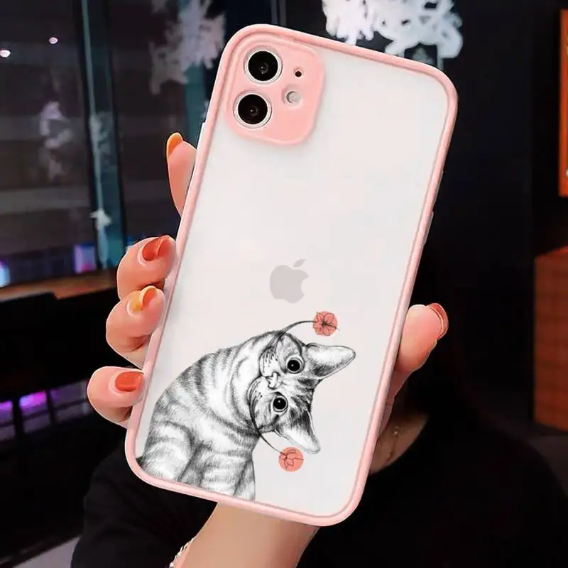 

Cat Black white cute Phone Cases Matte Transparent for iPhone 7 8 11 12 s mini pro X XS XR MAX Plus cover funda