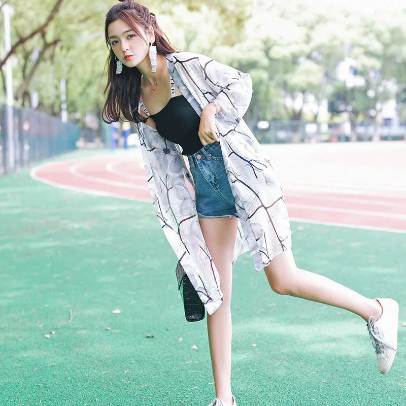 Летняя Милая женская блузка с длинным шифоновым принтом одежда для защиты от