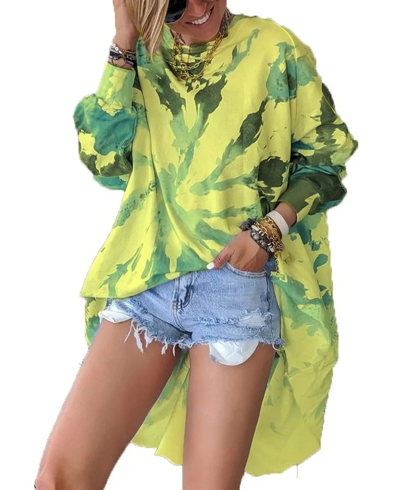 

Tie Dye Back Printed Letter Crew Neck Irregular Mid-length Tshirt Women Long Sleeve Japanese Fashion Tops Autumn New Tshirts