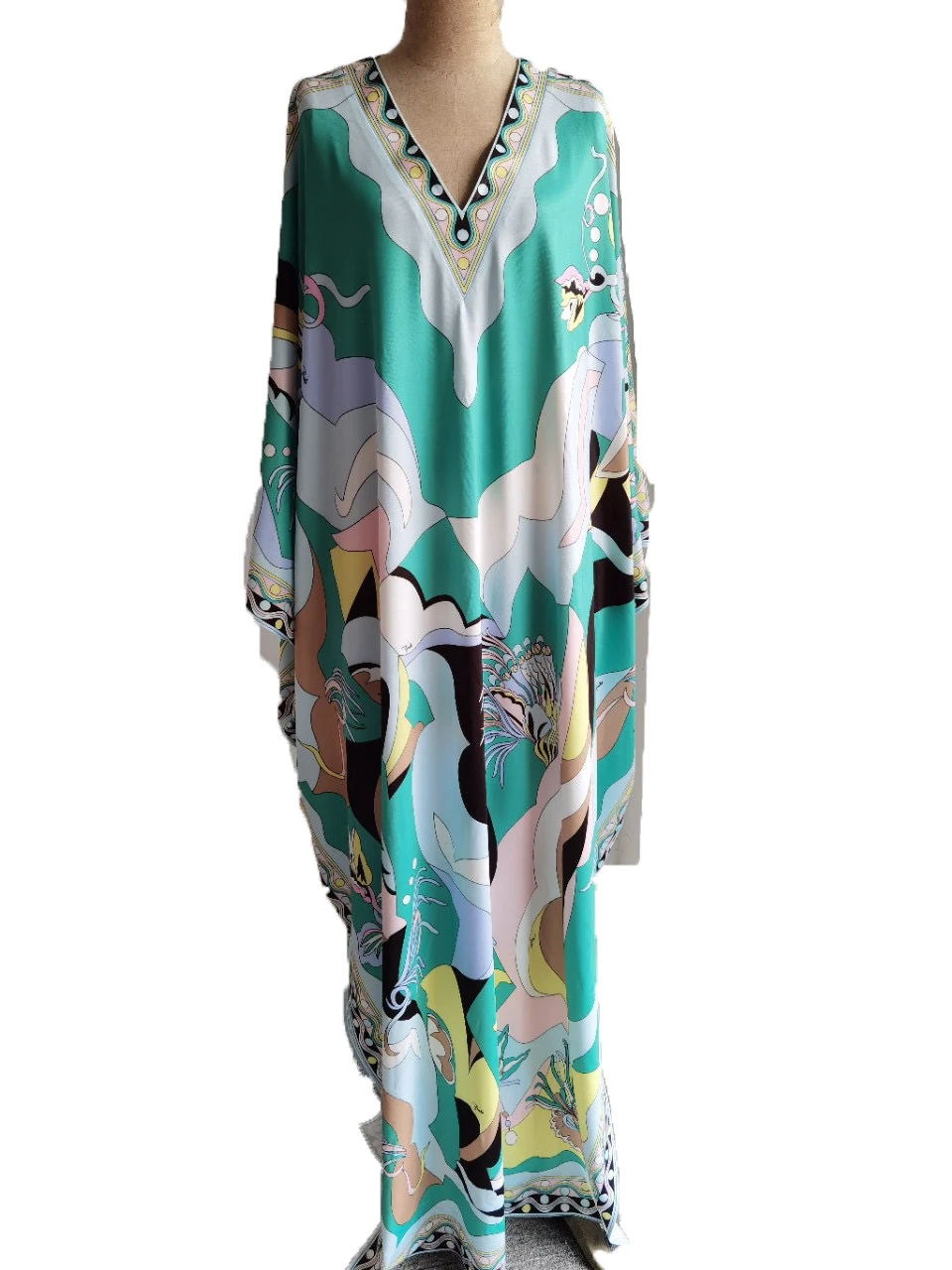 Casual Floral Printed Boho silk Cafatn long dress Runway Women's Batwing sleeve Loose Silk kaftan maxi dress for women