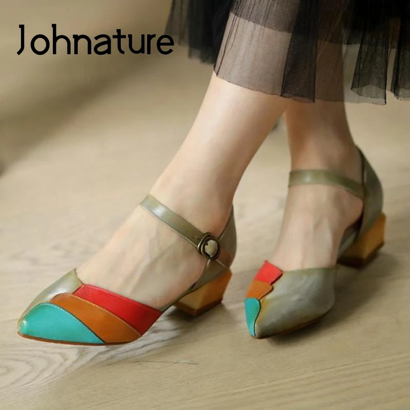 

Johnature Genuine Leather Pumps Women Shoes Pointed Toe Mixed Colors High Heels Retro Buckle Strap 2021 New Concise Ladies Shoes