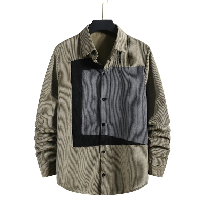 

2020 Men's Autumn New Contrasting Color Panel Corduroy Lapel Long-Sleeved Shirt