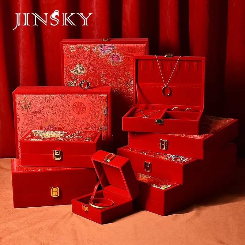 Gold jewelry box, red velvet dragon and phoenix bracelet, four-piece suit box, wedding dowry gift box, three gold boxes