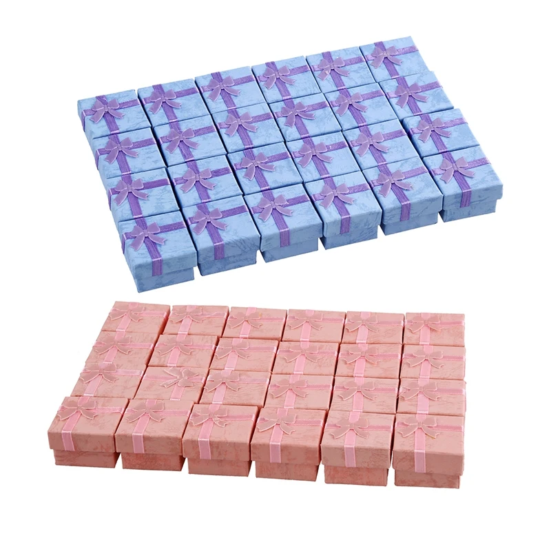 

48 Pcs Ring Earring Jewelry Display Gift Box Bowknot Square Case Pink & Purple