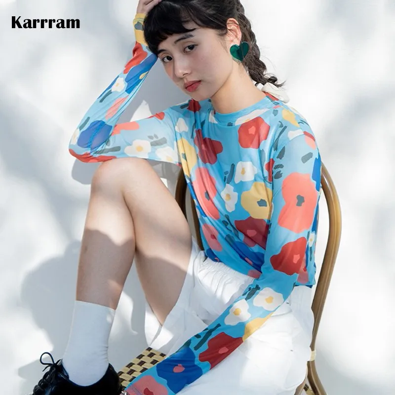 

Karrram Harajuku Japanese Style Mesh Tops Floral Print Long Sleeve T Shirts Frenulum Neck Sweet See Through Tshirt Korean Autumn