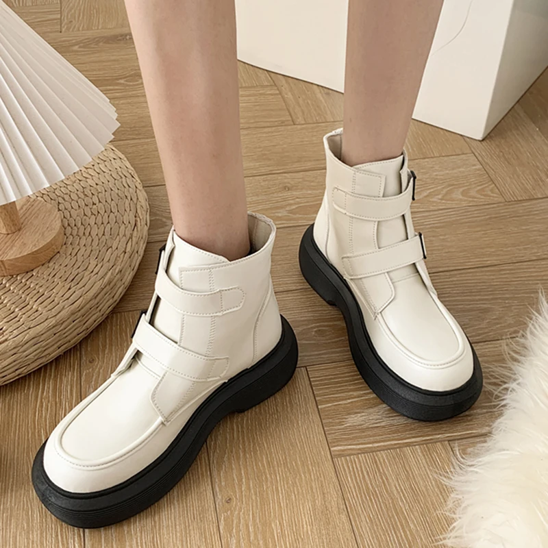 

Rimocy Black Beige Platform Ankle Boots Women Autumn Thick Bottom Pu Leather Woman Shoes 2021 Fashion Buckle Short Booties Mujer