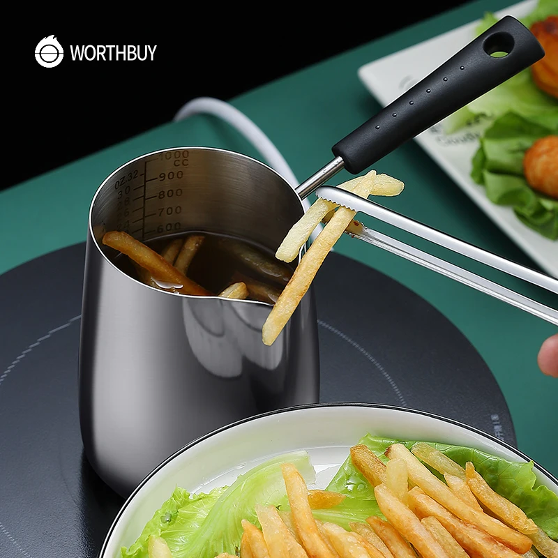 WORTHBUY Mini Frying Pot For Kid French Fries Fried Food Cookware 18/8 Stainless Steel Frying Pot With Scale Kitchen Cooking Pot