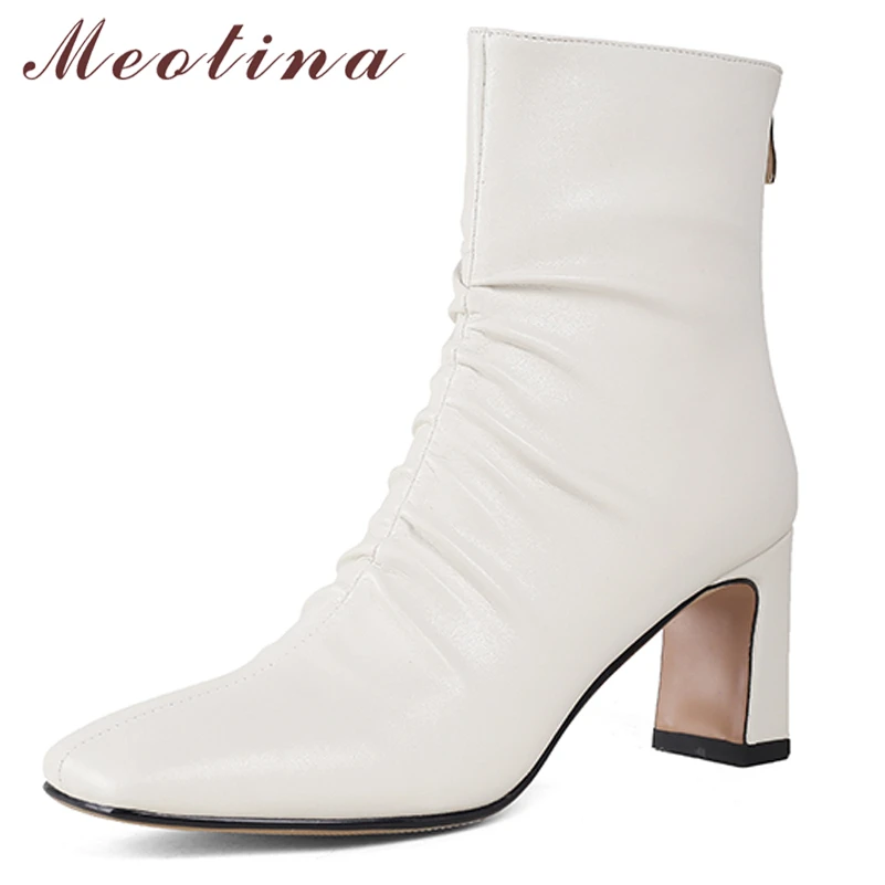 

Meotina Women Genuine Leather Boots Thick High Heel Ankle Boots Square Toe Pleated Zipper Ladies Boots Autumn Black White 40