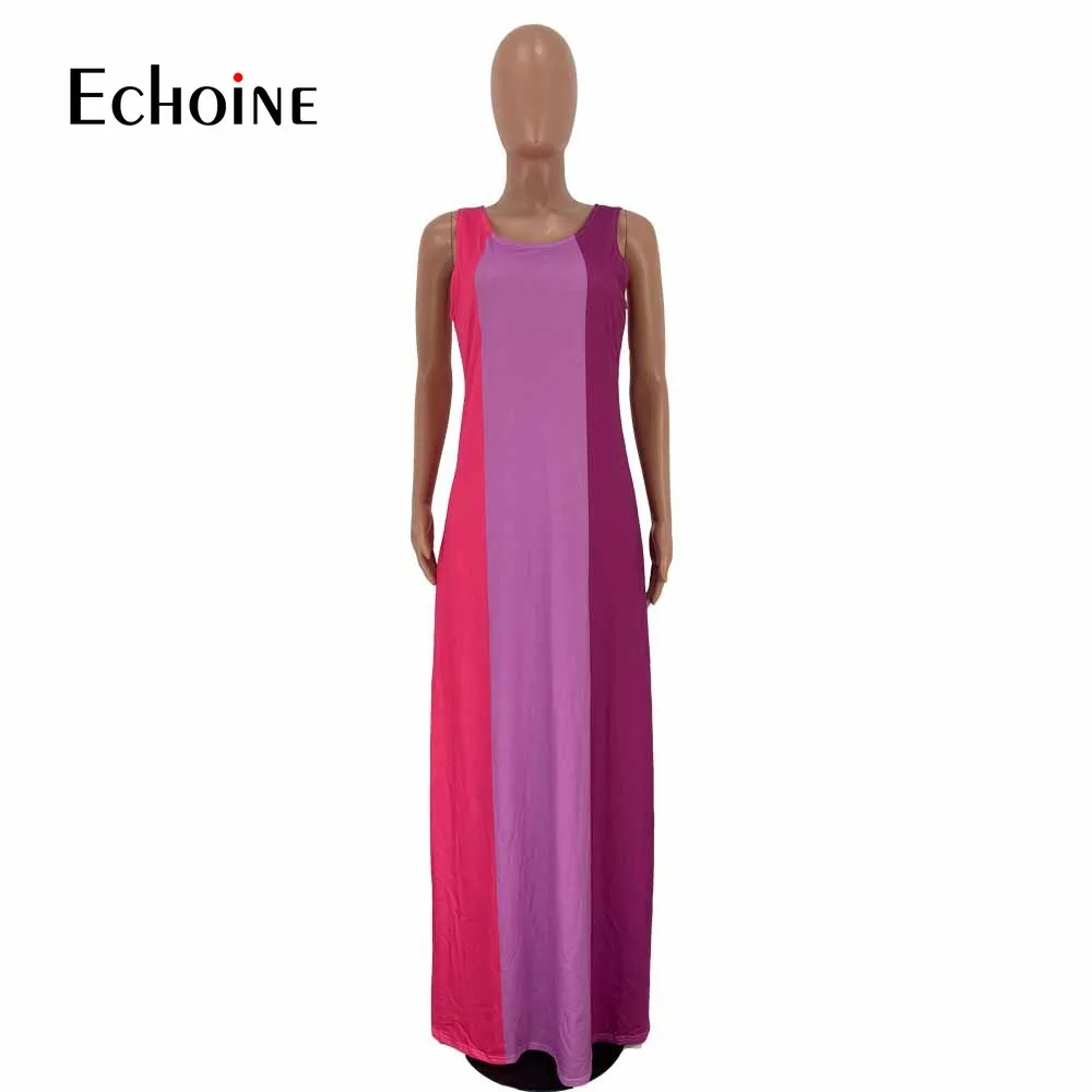 Женское длинное платье в полоску без рукавов с круглым вырезом|Женские платья| |