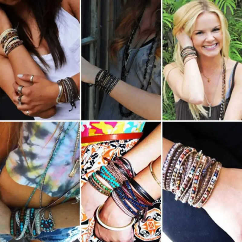 Богемные ювелирные браслеты 6 мм винтажные кожаные с матовым камнем трехжильные