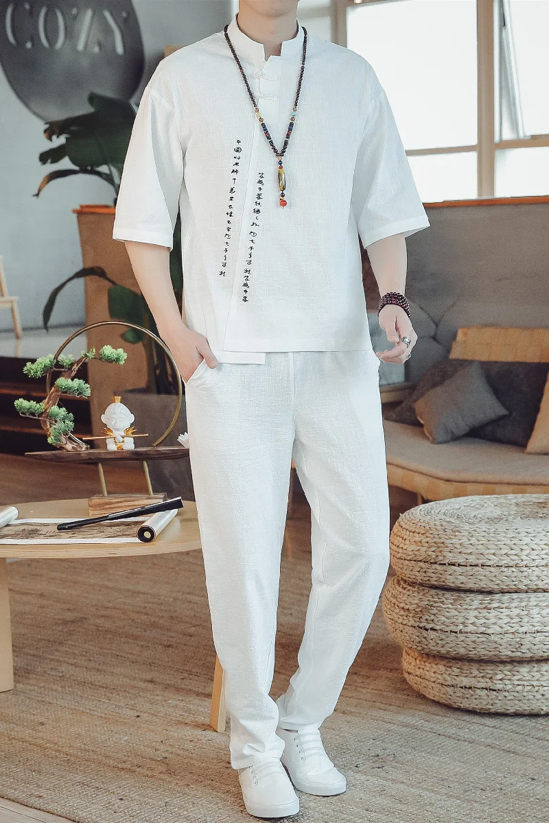

2021 Summer Men Chinese Style Linen Tang Suit Mens Traditional Tai Chi Retro V-neck Short Sleeve Shirt +Pants Male Hanfu Sets