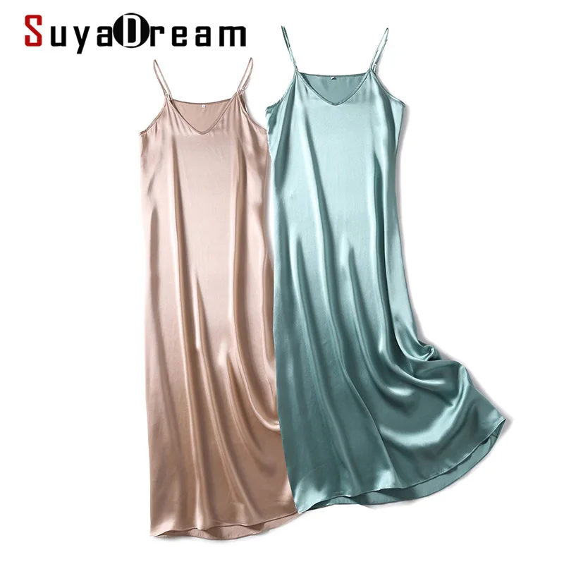 

SuyaDream Woman Maxi Dress 100% Silk Satin Sleeveless Solid Spaghetti Strap Long Dresses 2021 Elegant Chic Slip Dress