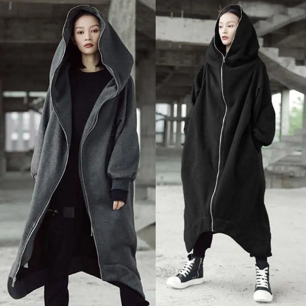 

Women Autumn Winter Fashion trend punk retro charming cool Solid Color Zip Hooded Sweatshirt Long Fleece Coat Female Solid color