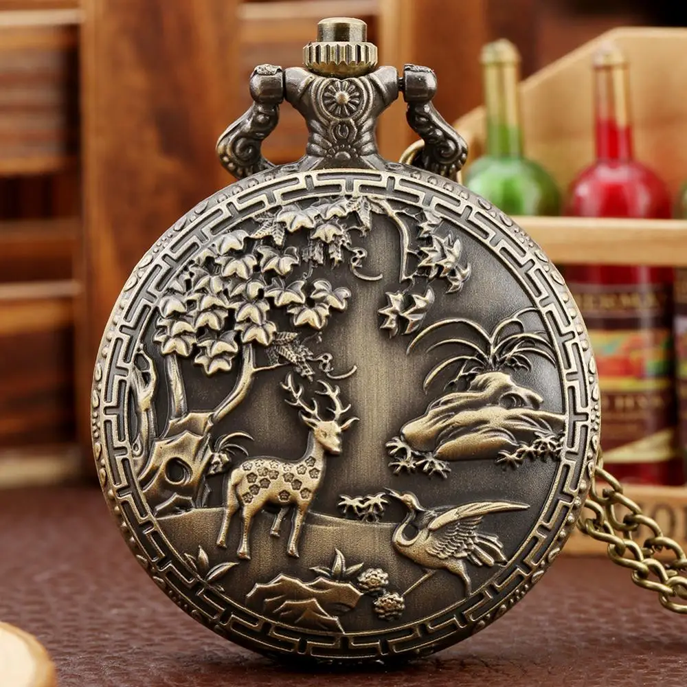 

Antique Elk Cranes Design Quartz Pocket Watch Chain Necklace Pendant Steampunk Chain Pocket Fob Watch Clock Gifts Animal Watches