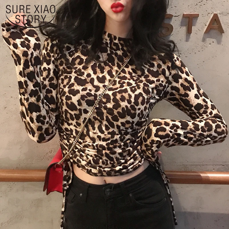 

Fashion Leopard Print Tshirts 2022 Spring Sexy New Slim Half High Neck Bottoming Shirt Slim Lady Drawstring Woman T-shirt 13006