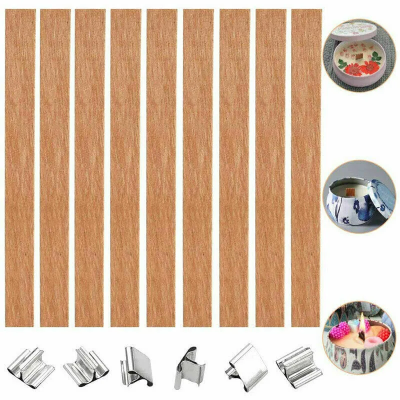 

50pcs/pack Of Natural Wooden Candle Wicks Diy Handmade Aromatherapy Wood Core Environmental Protection Wood Chip Metal Base Clip