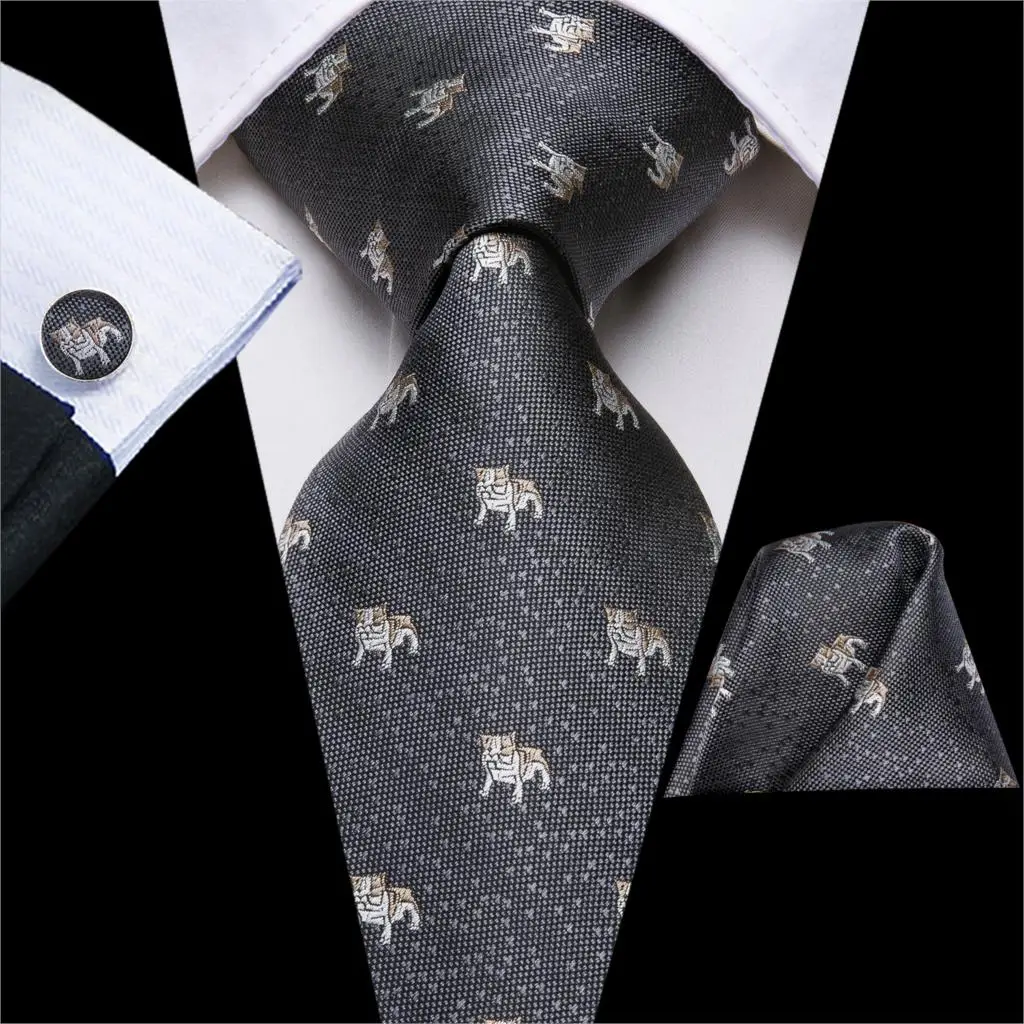 

Hi-Tie Gray Print Silk Ties For Men Handkerchiefs Cufflinks Set Bulldog Style Men's Tie Gift For Men Party Jacquard Gravata