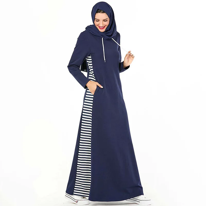 

European and American fashion sweater hooded pockets Arab striped multicolor dress Muslim long-sleeved loose large size dress