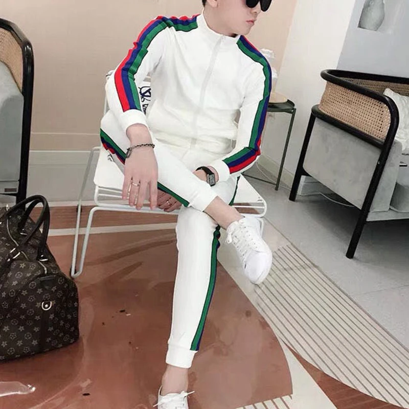 

2020 new spring men's sports casual suit set Slim-fit sweater color striped trousers two-piece suit