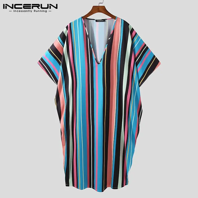 

Мужские полосатые халаты 2021, с V-образным вырезом и коротким рукавом, мусульманский Арабский кафтан, исламский Повседневный Jubba Thobe, свободны...