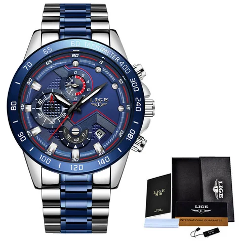 Часы наручные LIGE Мужские кварцевые, популярные модные брендовые Роскошные Синие водонепроницаемые с хронографом