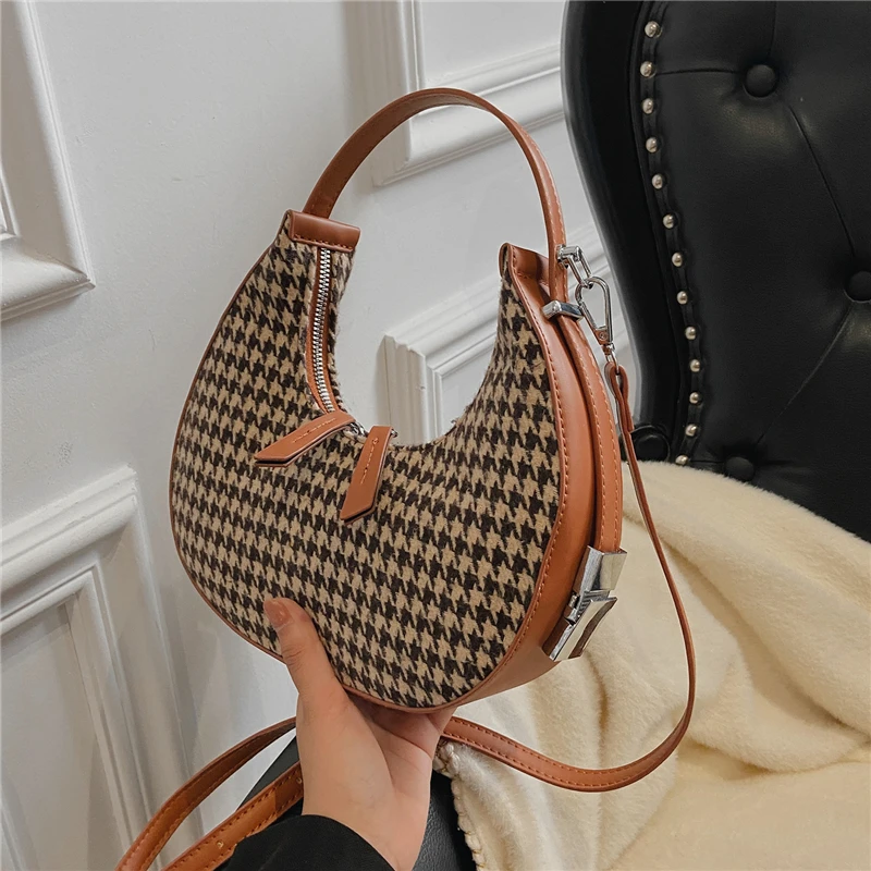 

Luxury Houndstooth Half Moon Small Shoulder Crossbody Bags For Women Designer Brand Plaid Ladies Purses And Handbags Trends 2021
