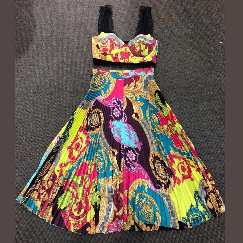 

[DEAT] new summer fashion women printed vintage styles two pieces set vacation clothing lace patchwork bra and high waist skirt
