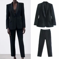 wxwt za womens set solid elegant black blazer pants set autumn fashion suit 2 piece set coat and pants cd8208